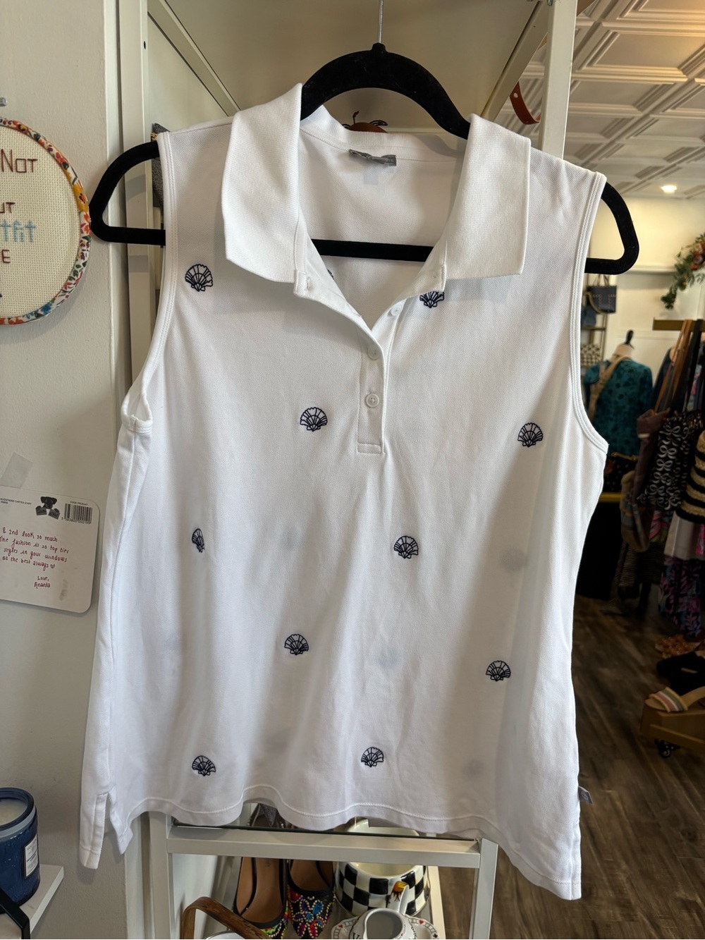 Talbots White Sleeveless Polo Tank with Navy Shell Embroidery